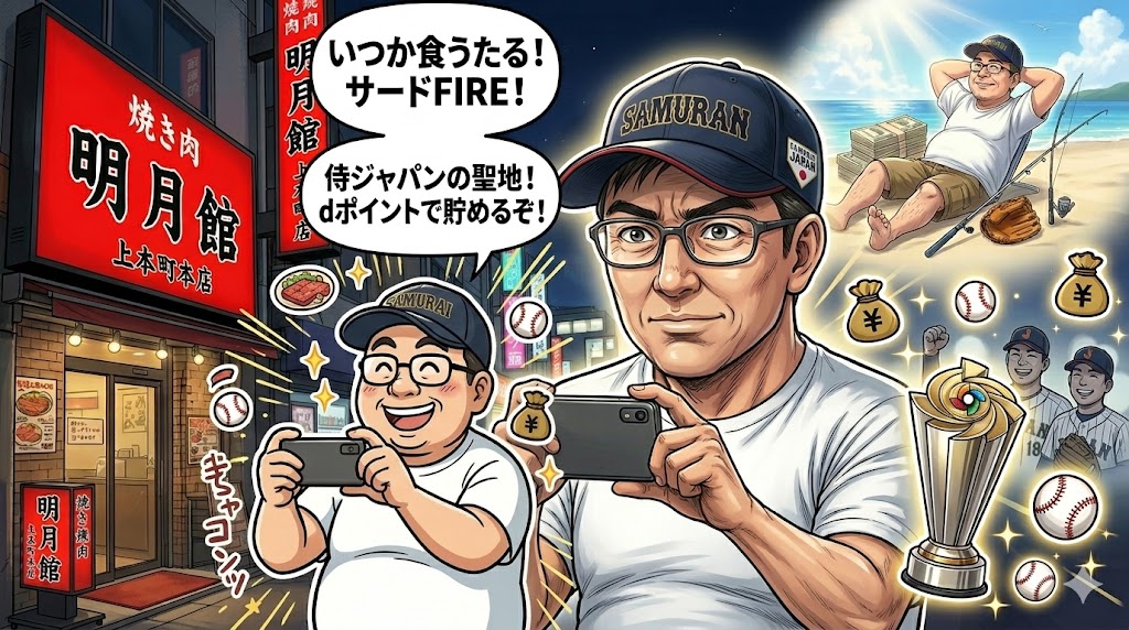 明月館の前で写真を撮り、サードFIRE達成と焼肉を誓う50代男性のイラスト