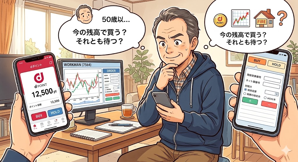 男性がポイント残高を見て株を買うか考えている